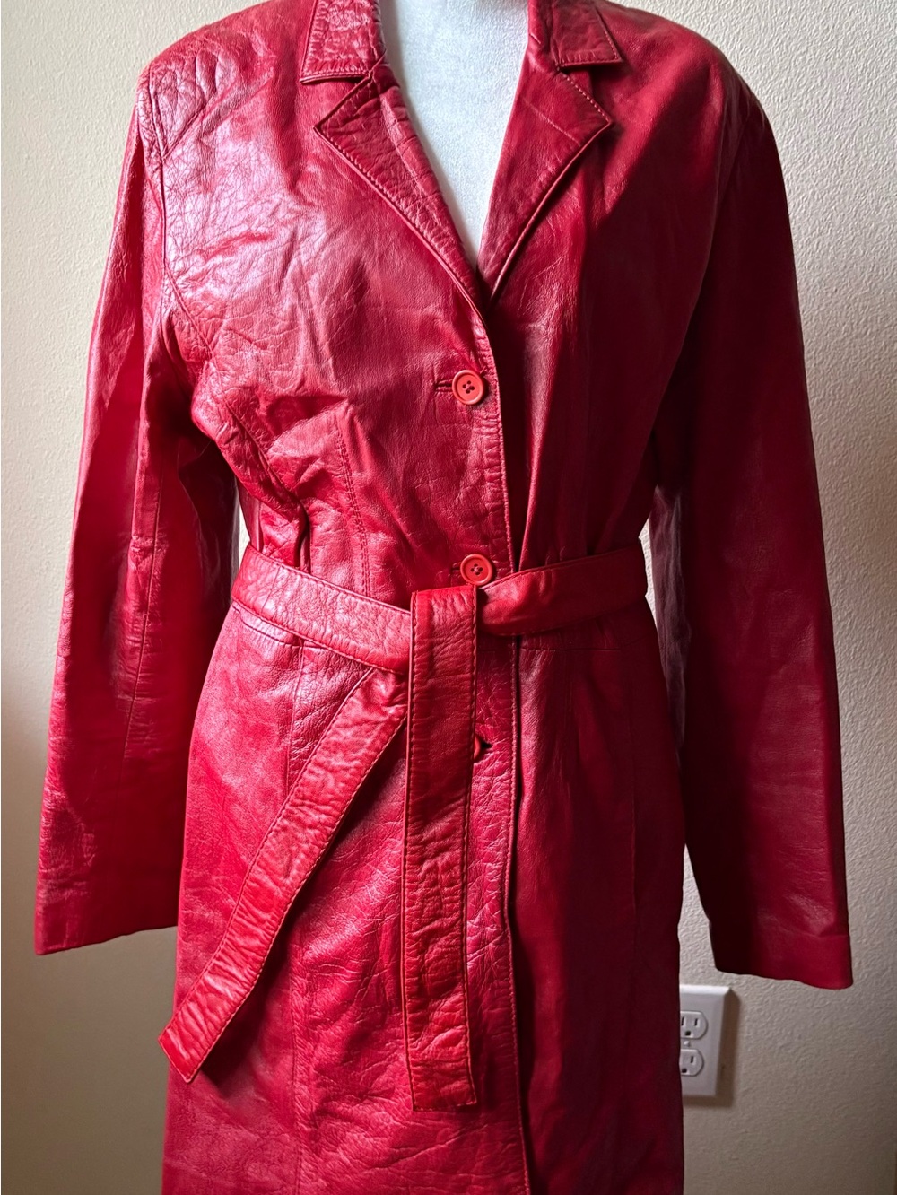 F&Co Red Long Leather Belted Trench Coat Jacket Size 44 Italian Ovine Lined